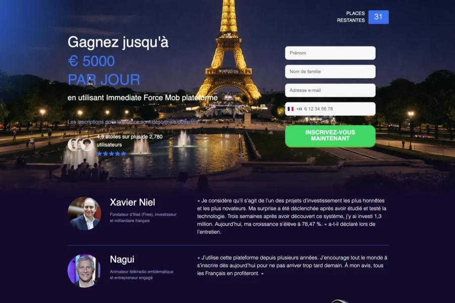 Page de renvoi Forex Instadax affitant la tour Eiffel la nuit, un formulaire d'inscription et les profils de Xavier Neil et Nagy.