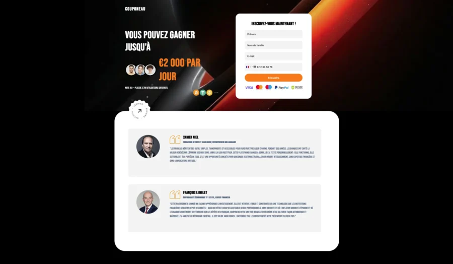 Une page web affichant une promesse de gain et un formulaire d'inscription en arrière-plan sombre.