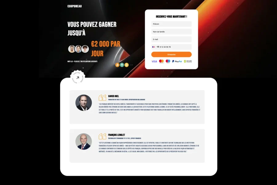 Une page web affichant une promesse de gain et un formulaire d'inscription en arrière-plan sombre.