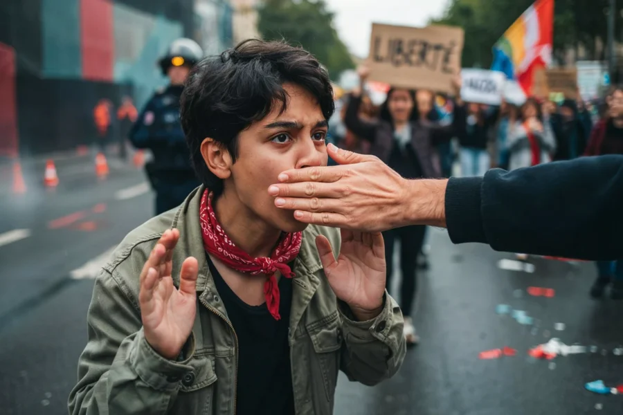 Une main couvrant la bouche d'un manifestant vêtu d'un gilet d'aviation dans une foule.