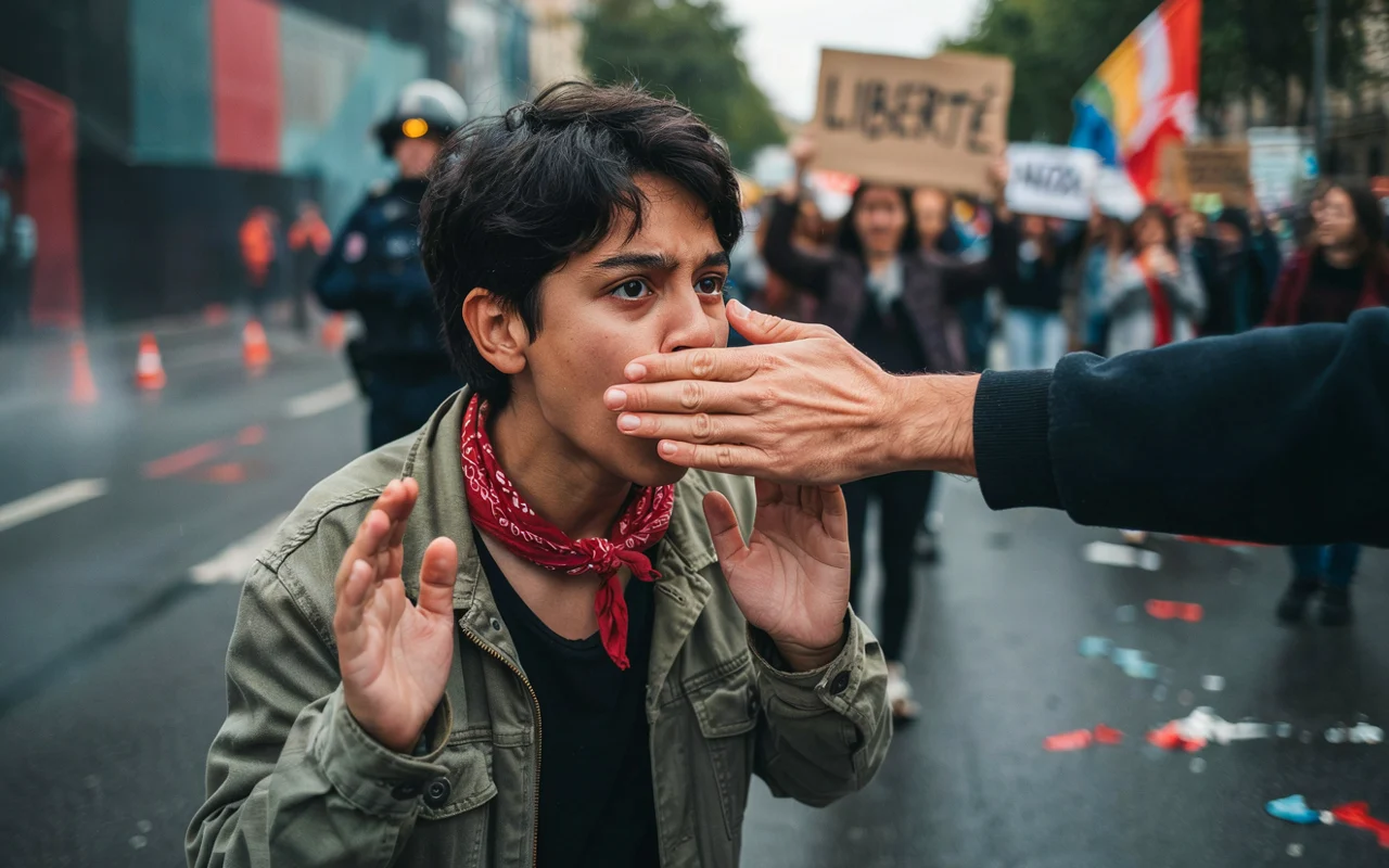 Une main couvrant la bouche d'un manifestant vêtu d'un gilet d'aviation dans une foule.