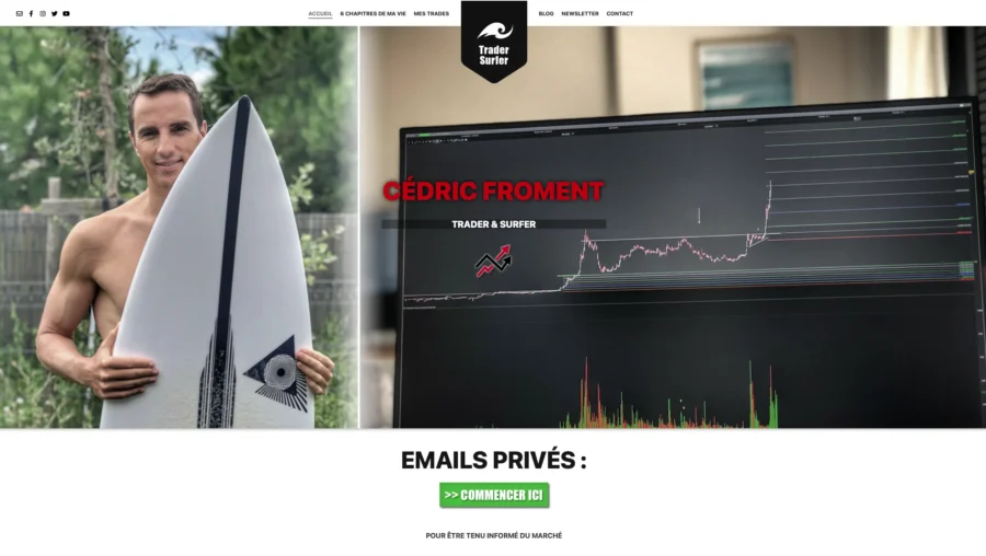 Un homme tient une planche de surf à côté d'un écran montrant un graphique financier, avec la mention de courriers privés.