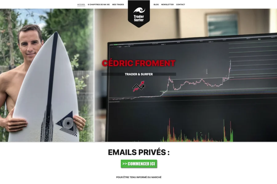 Un homme tient une planche de surf à côté d'un écran montrant un graphique financier, avec la mention de courriers privés.