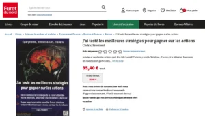 Page du site Furet du Nord présentant le livre « J'ai testé les meilleures stratégies pour gagner sur les actions ».