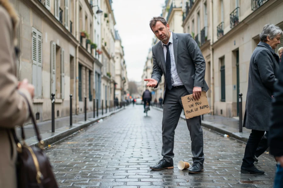 Un homme en costume se tient sur une rue pavée en tenant un carton avec des écritures.
