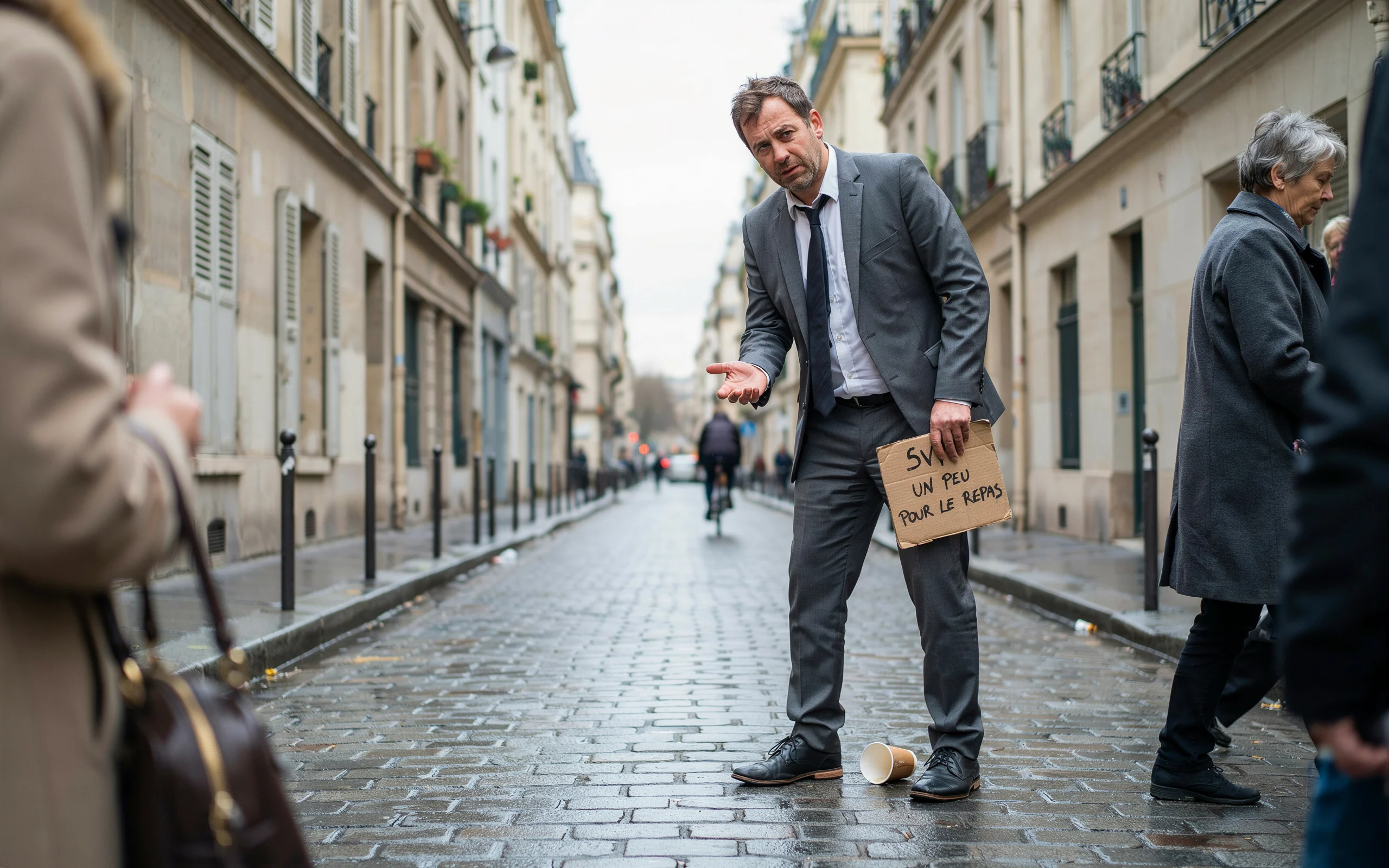 Un homme en costume se tient sur une rue pavée en tenant un carton avec des écritures.