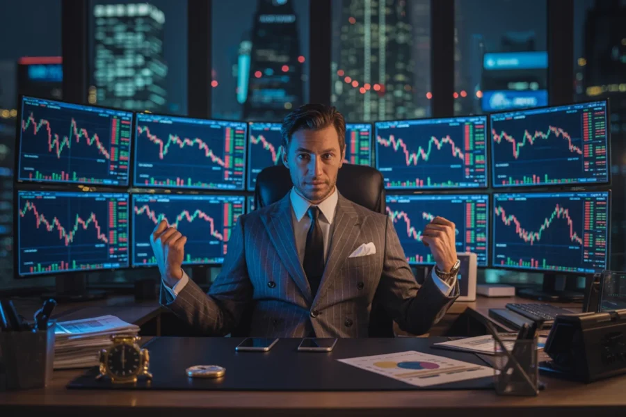 Un homme d'affaires en costume observe plusieurs écrans d'ordinateur affichant des graphiques de marché en flèche baissière dans un bureau nocturne.
