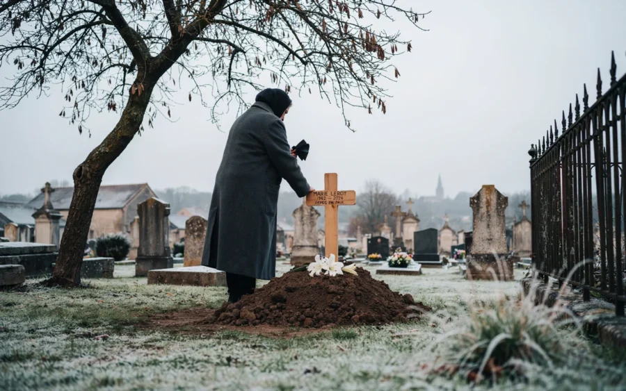 Personne debout près d'une pile de terre et d'une croix de bois dans un cimetière.