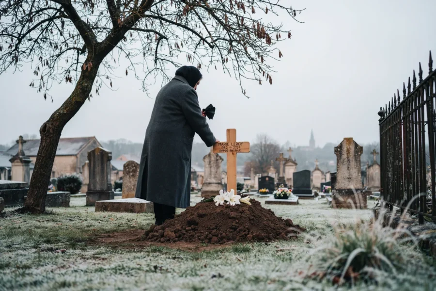 Personne debout près d'une pile de terre et d'une croix de bois dans un cimetière.