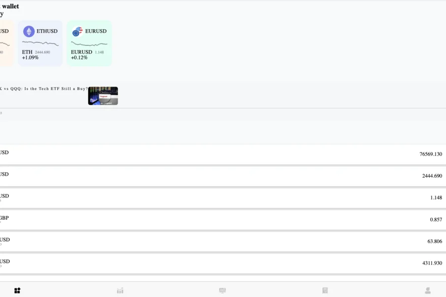 Capture d'écran d'une plateforme de trading affichant les cours de différentes paires de devises et des boutons d'action sur un fond blanc.