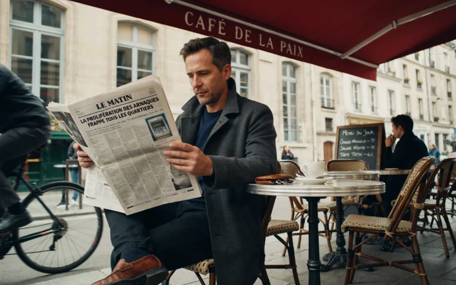 Un homme assis à une terrasse de café parisien lit un journal intitulé Le Matin sous une ombrière rouge.