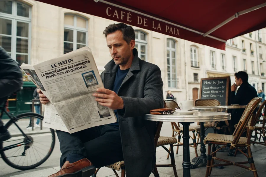 Un homme assis à une terrasse de café parisien lit un journal intitulé Le Matin sous une ombrière rouge.