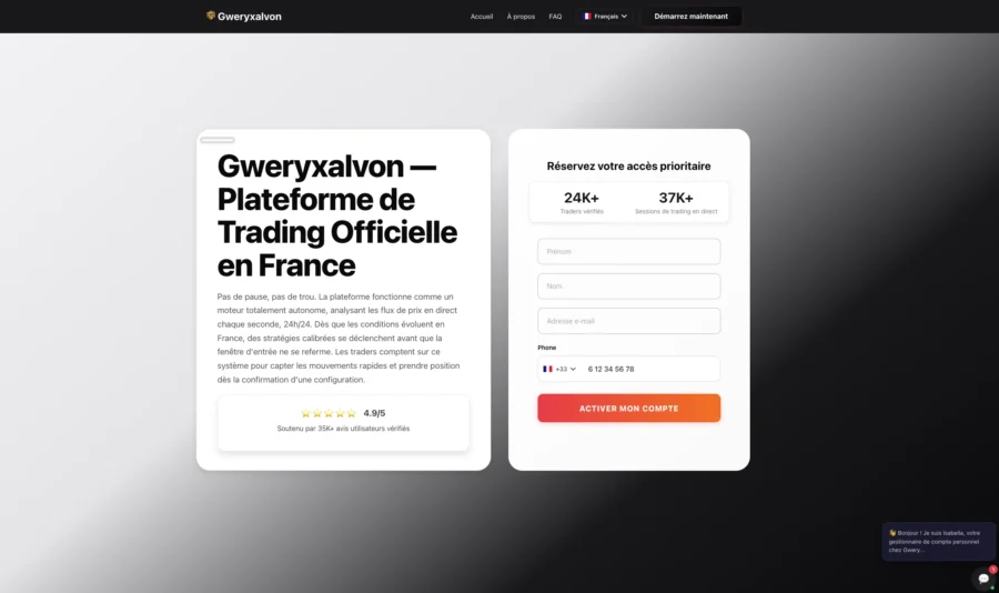 Page web Gwerxyalvon présentant une plateforme de trading et une société en France.
