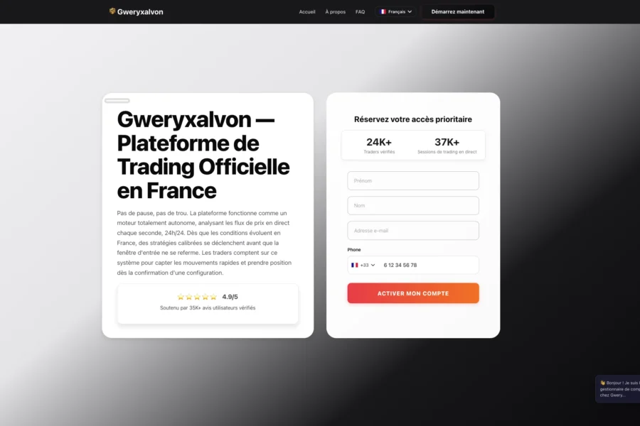 Page web Gwerxyalvon présentant une plateforme de trading et une société en France.