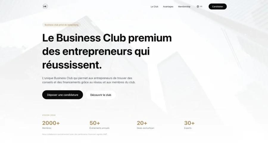 Capture de la page d'accueil du Business Club premium mettant en avant les chiffres clés et les membres.
