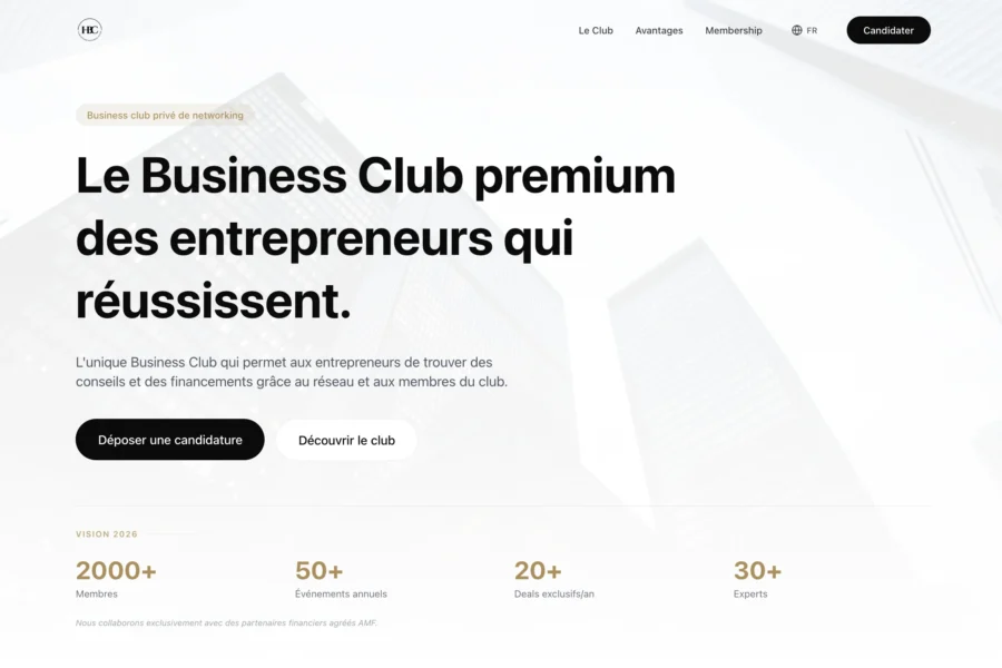 Capture de la page d'accueil du Business Club premium mettant en avant les chiffres clés et les membres.