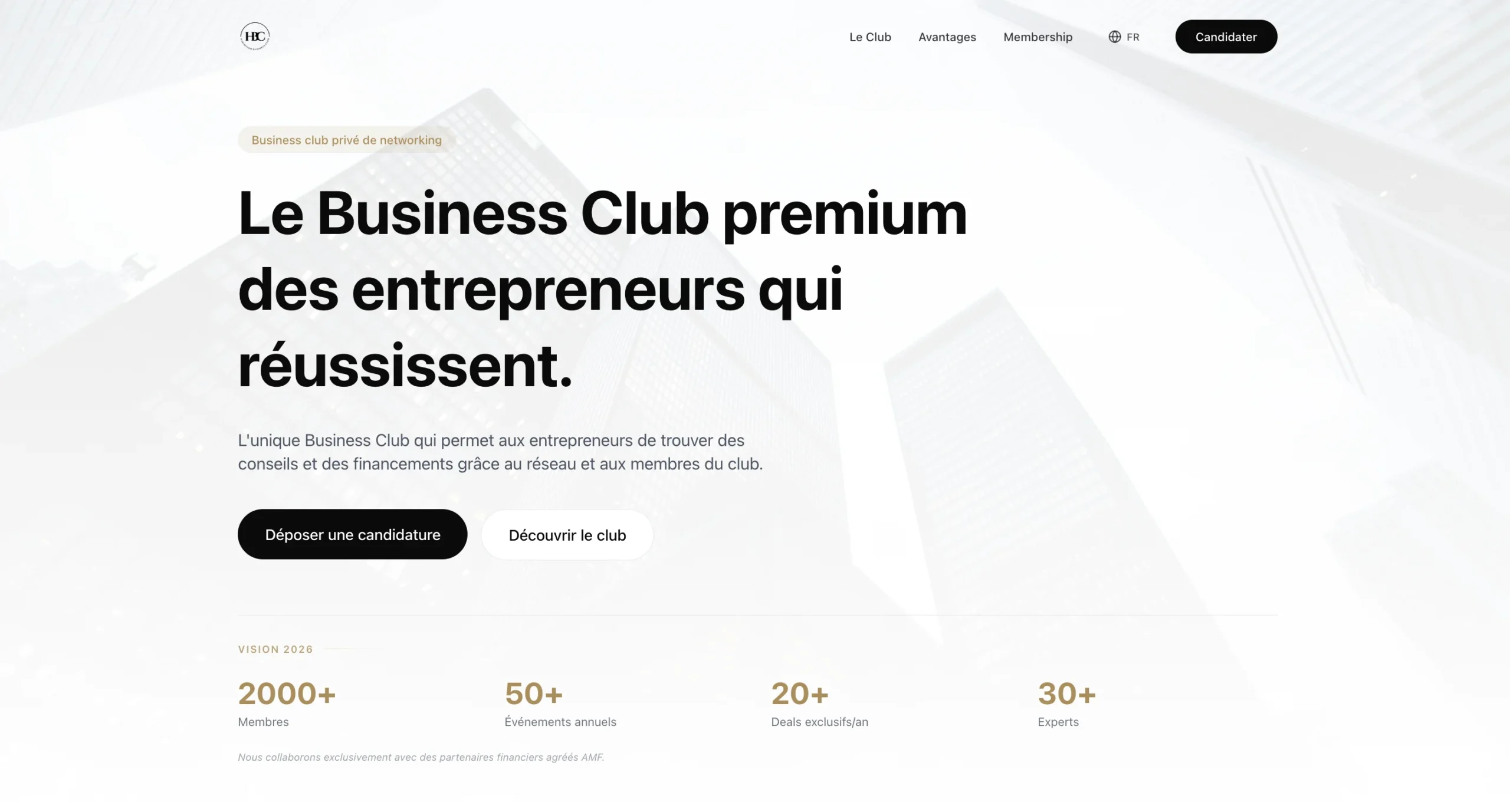 Capture de la page d'accueil du Business Club premium mettant en avant les chiffres clés et les membres.