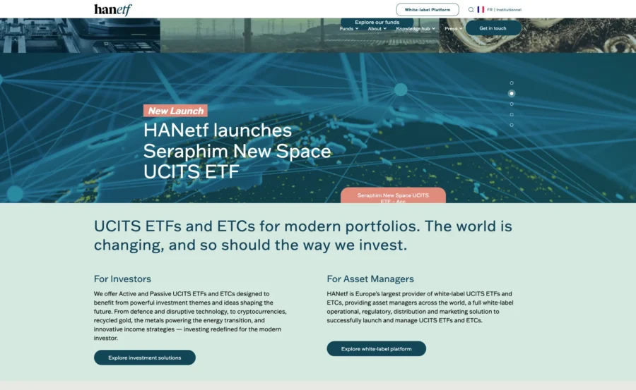Capture d'écran de la page web de HANetf annonçant le lancement de l'ETF Seraphim New Space UCITS.