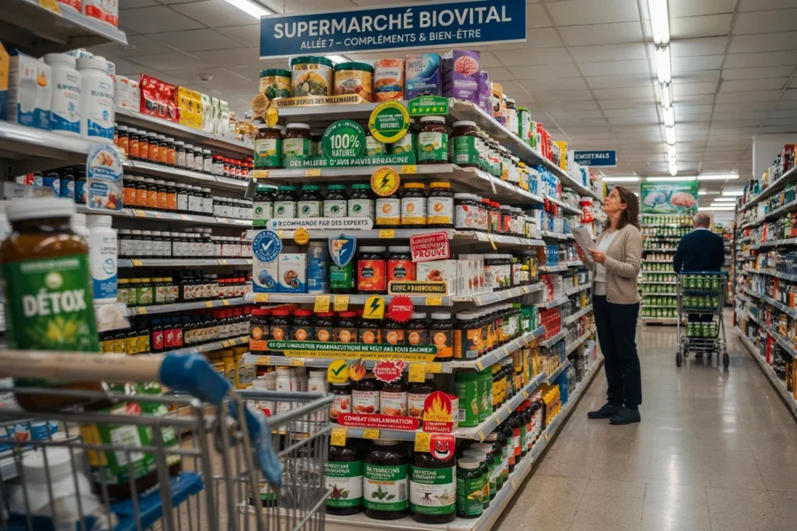 Client écoutant un téléphone portable dans une allée de biothèque de produits Biovital.