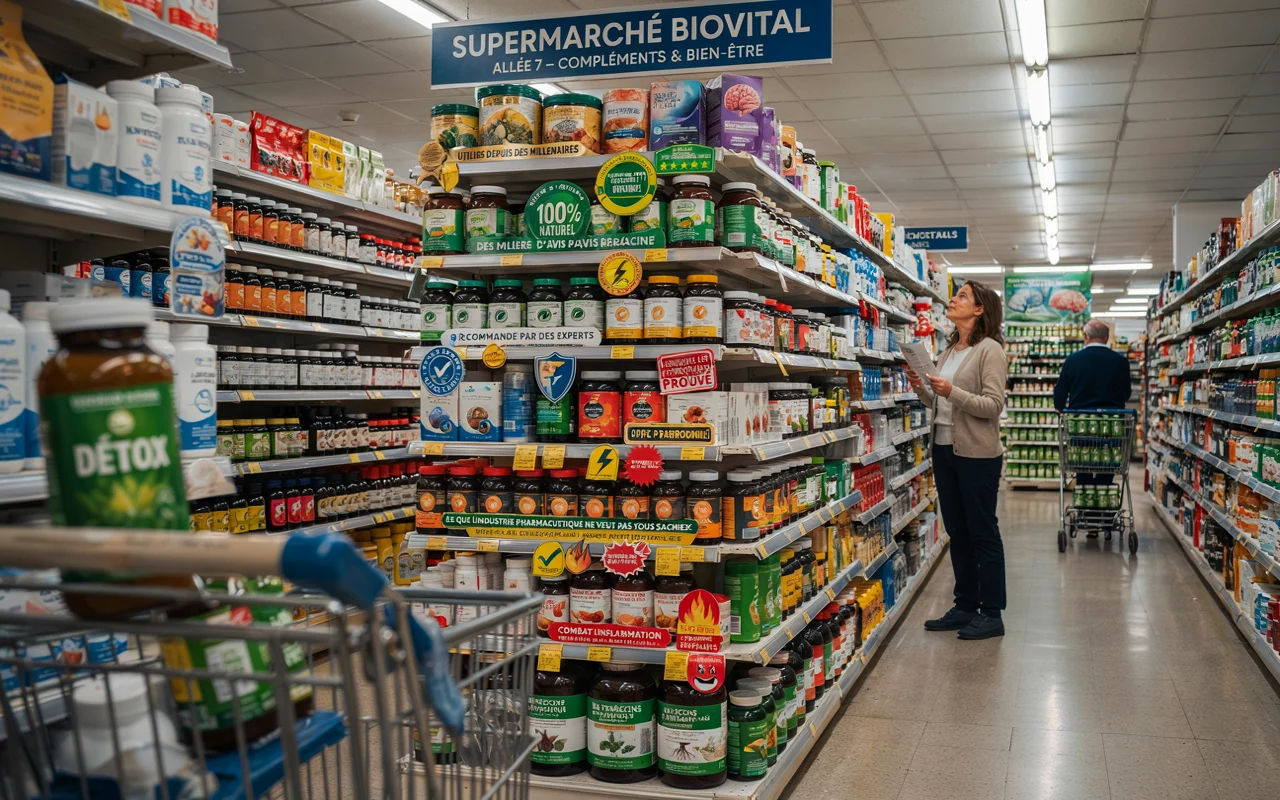 Client écoutant un téléphone portable dans une allée de biothèque de produits Biovital.