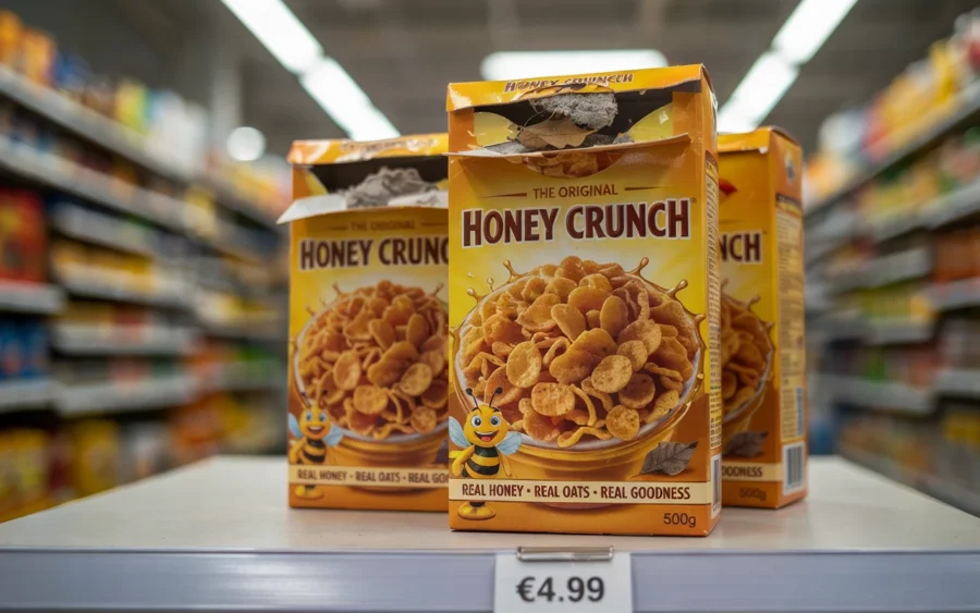 Des cartons de céréales Honey Crunch sont alignés sur une étagère de supermarché, avec un prix de 4,99 € clairement affiché sur l'étiquette blanche au premier plan.