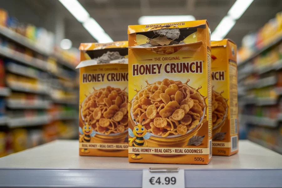 Des cartons de céréales Honey Crunch sont alignés sur une étagère de supermarché, avec un prix de 4,99 € clairement affiché sur l'étiquette blanche au premier plan.