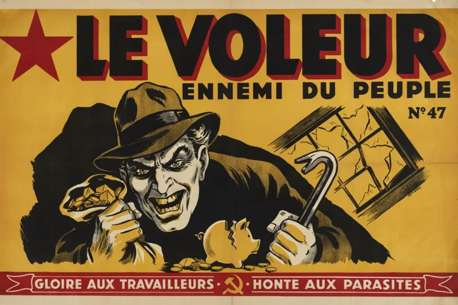 Affiche satirique ou propagandiste dépeignant un voleur avec un crochet brisant un porcelaine et volant de l'argent, sur fond jaune avec étoile rouge et slogan politique.