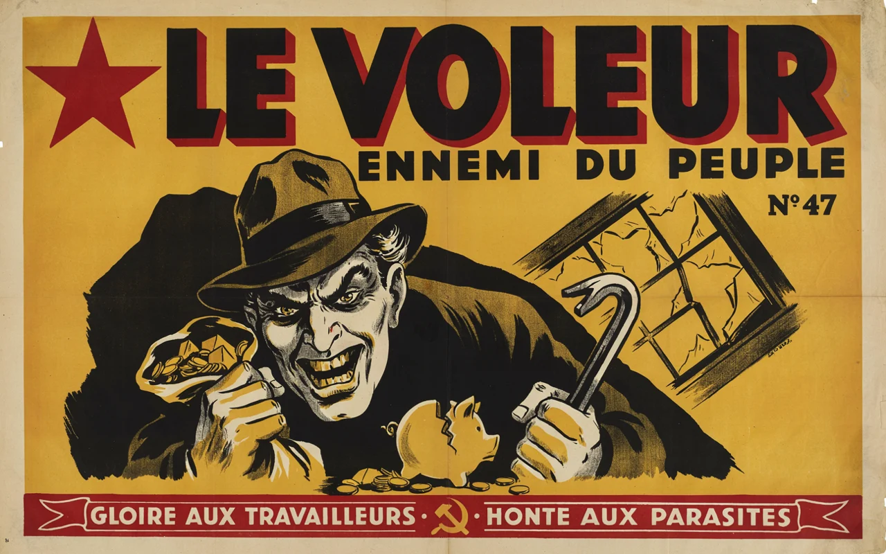 Affiche satirique ou propagandiste dépeignant un voleur avec un crochet brisant un porcelaine et volant de l'argent, sur fond jaune avec étoile rouge et slogan politique.