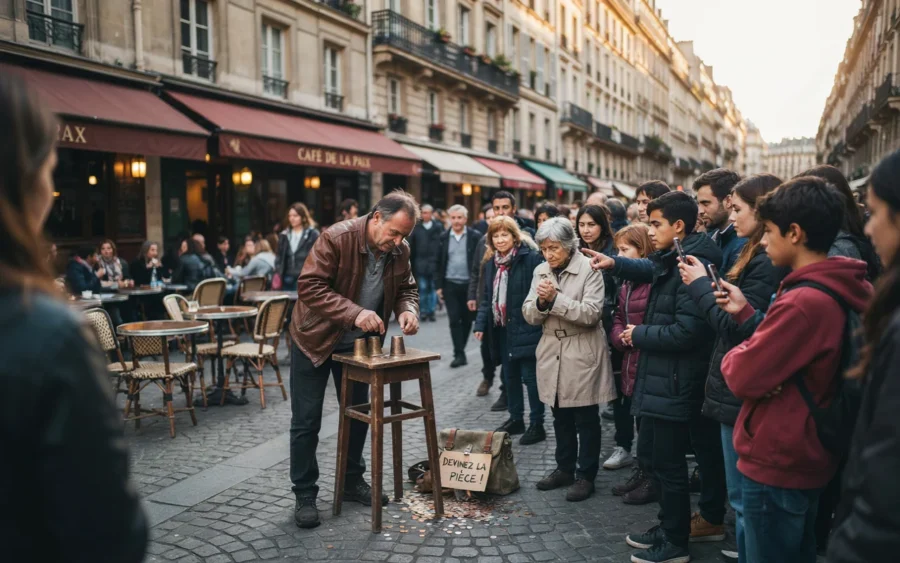 Un homme jouant d'un instrument de percussion devant un groupe de passants dans une rue de Paris.