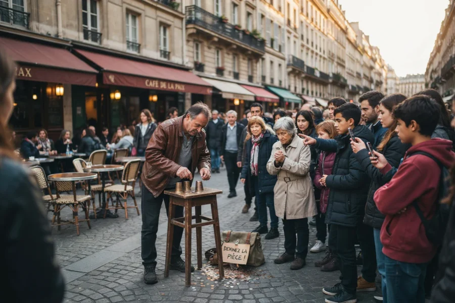 Un homme jouant d'un instrument de percussion devant un groupe de passants dans une rue de Paris.