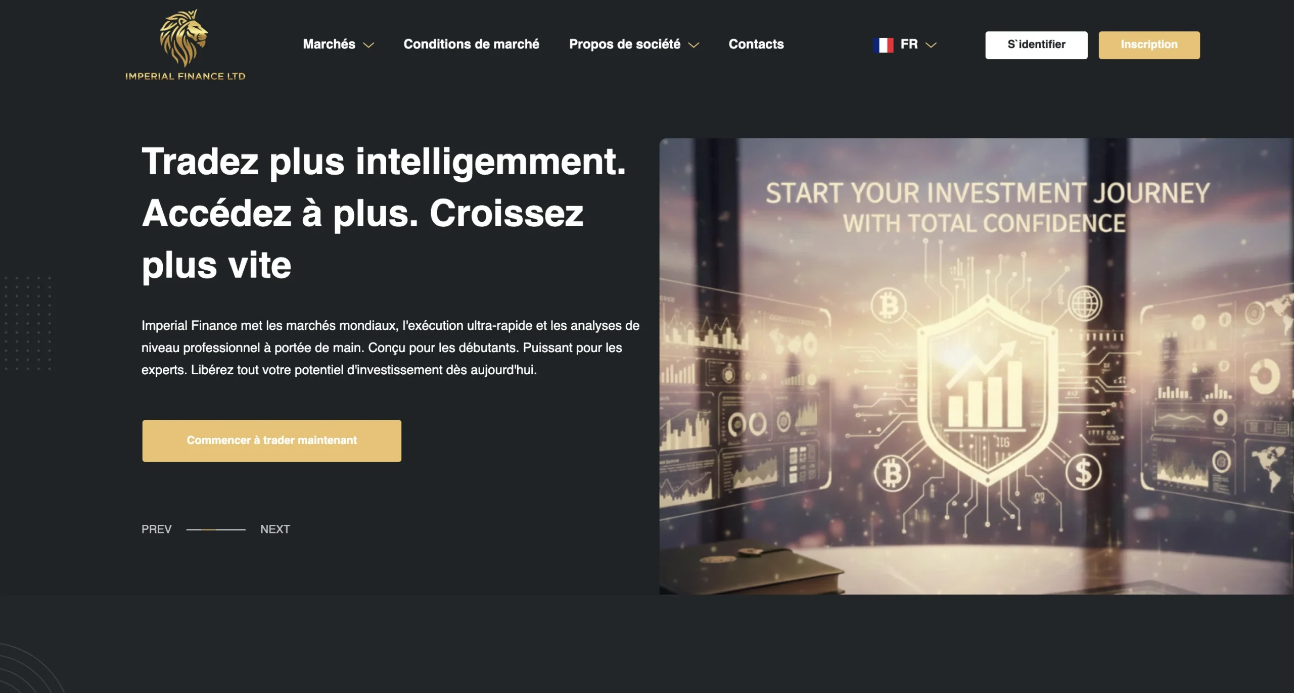 Capture d'écran d'une plateforme de trading affichant le slogan « Tradez plus intelligemment » et un graphique financier.