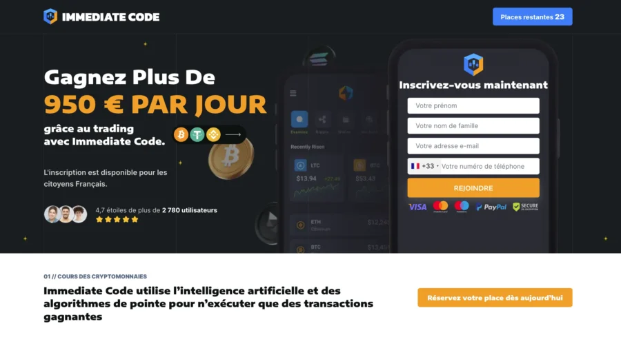 Interface web Immediate Code promettant 950 euros par jour via trading assisté par IA.