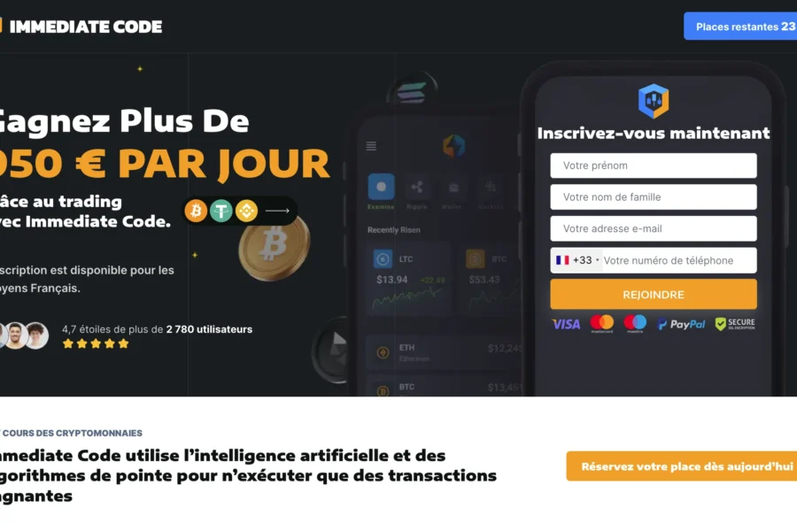 Interface web Immediate Code promettant 950 euros par jour via trading assisté par IA.