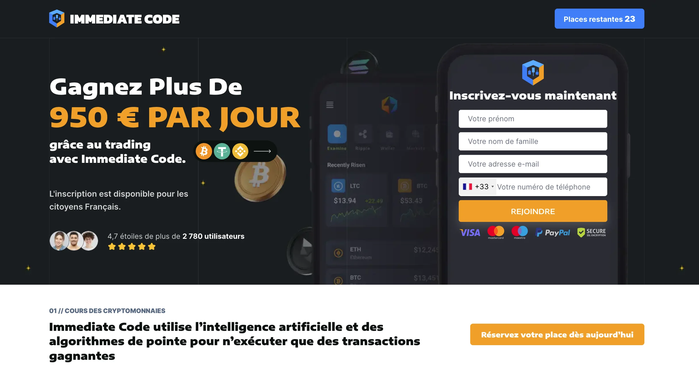 Interface web Immediate Code promettant 950 euros par jour via trading assisté par IA.