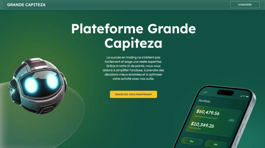 Illustration du site Grande Capiteza montrant un robot, un smartphone et le titre Platforme Grande Capiteza sur fond vert.