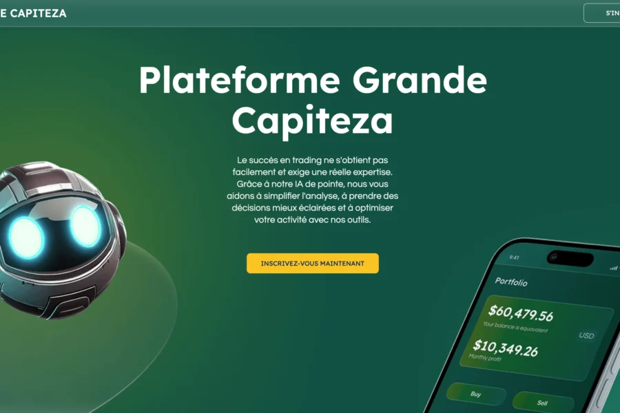 Illustration du site Grande Capiteza montrant un robot, un smartphone et le titre Platforme Grande Capiteza sur fond vert.