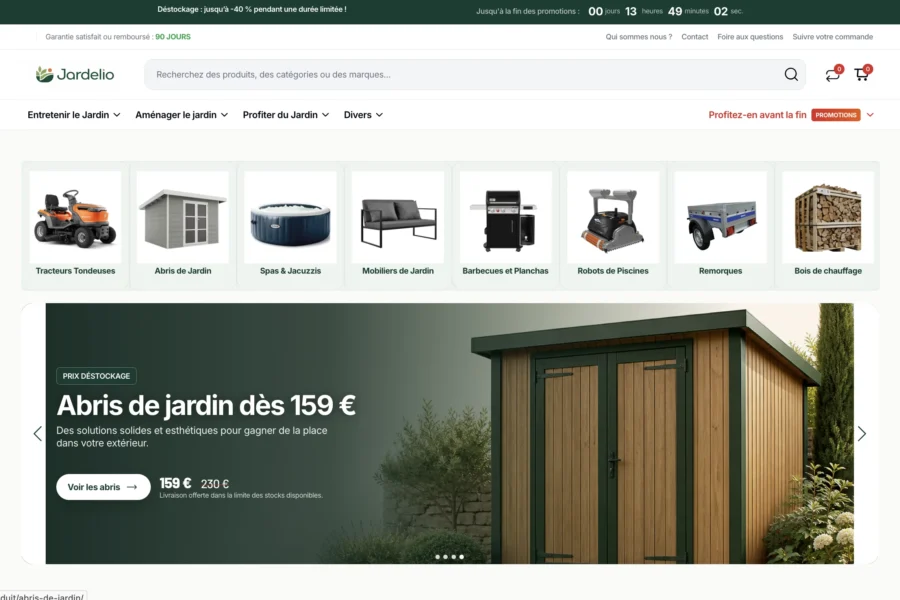 Capture d'écran du site Jardinets mettant en avant une promotion sur les abris de jardin à moins de 159 euros.