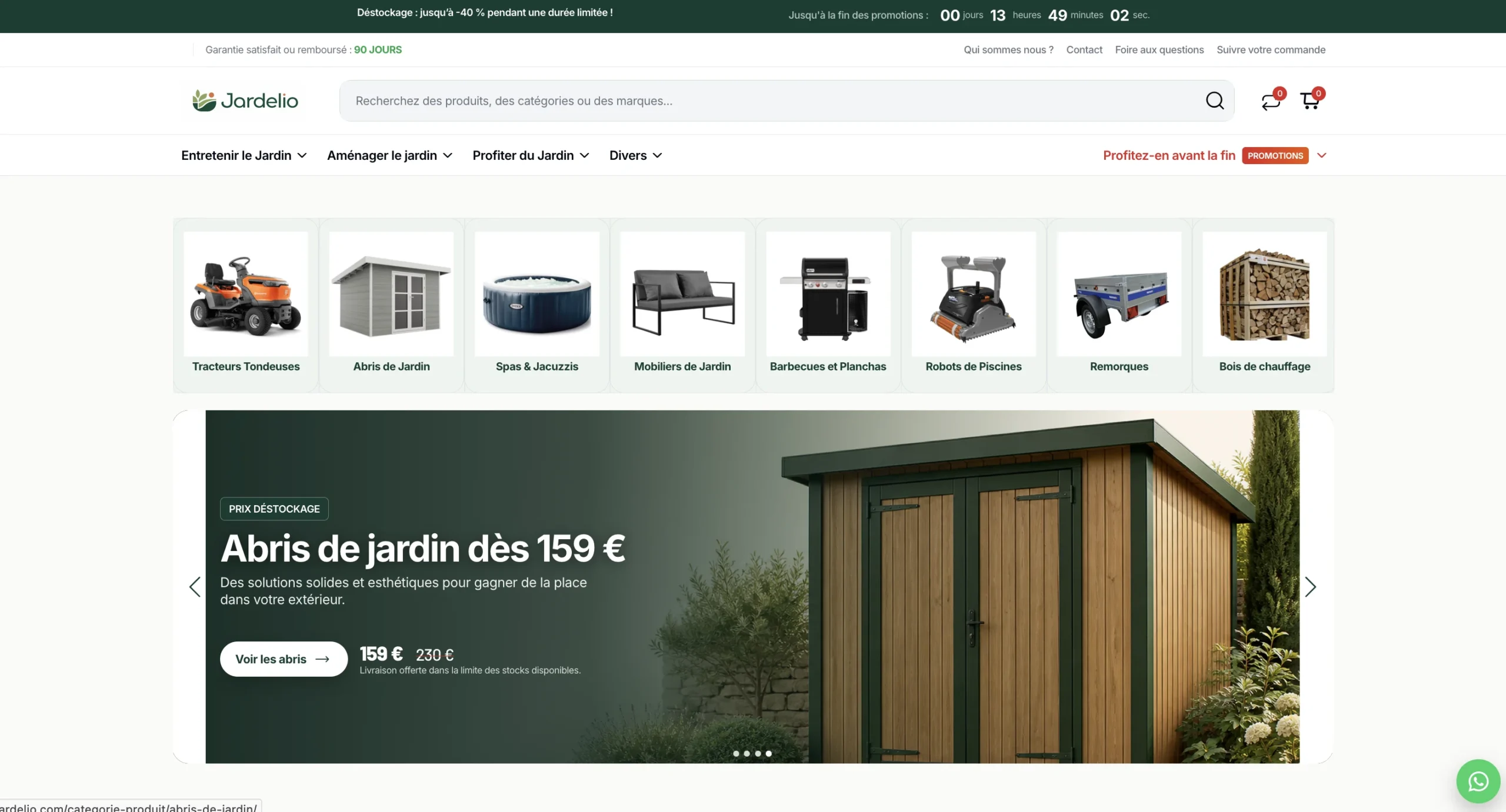 Capture d'écran du site Jardinets mettant en avant une promotion sur les abris de jardin à moins de 159 euros.