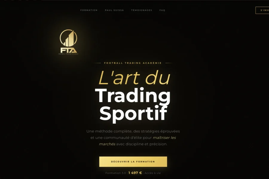 Une page web sombre affichant le texte L'art du Trading Sportif et un logo circulaire, probablement lié à une formation ou un service de trading sportif. En dessous du titre principal, des appels à l'action sont visibles sous forme de boutons.