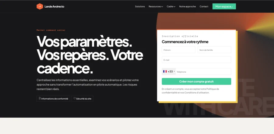 Formulaire d'inscription en ligne et slogan paramétrisation sur fond sombre.