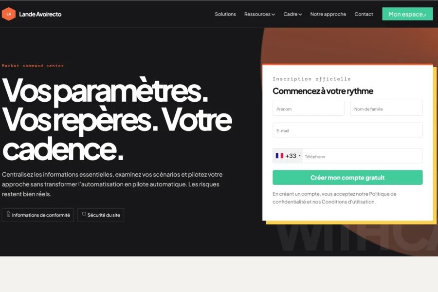 Formulaire d'inscription en ligne et slogan paramétrisation sur fond sombre.