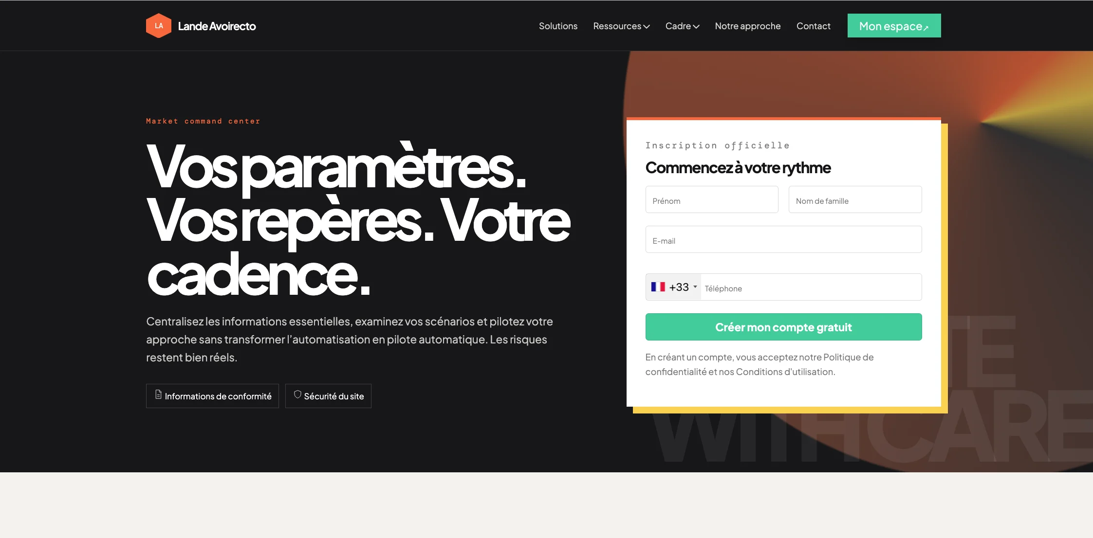 Formulaire d'inscription en ligne et slogan paramétrisation sur fond sombre.
