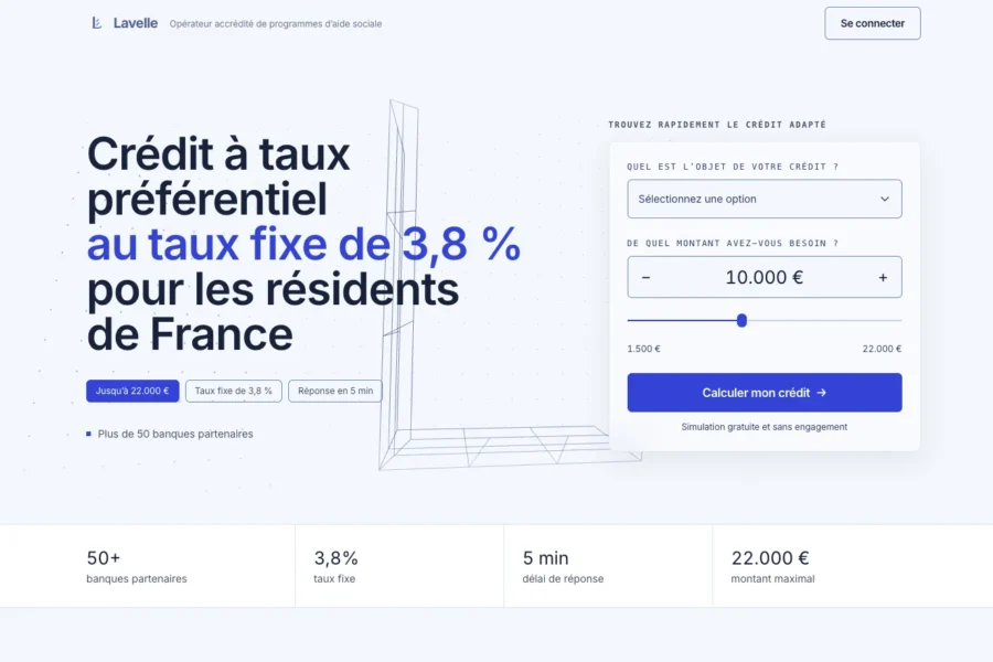 Page web affichant une offre de crédit à taux préférentiel de 3,8 % pour les résidents de France avec un formulaire.