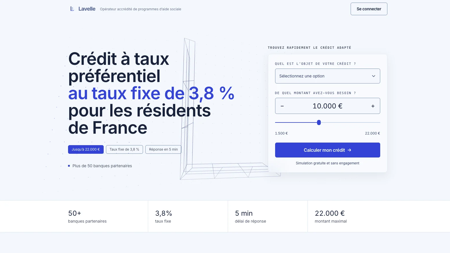 Page web affichant une offre de crédit à taux préférentiel de 3,8 % pour les résidents de France avec un formulaire.