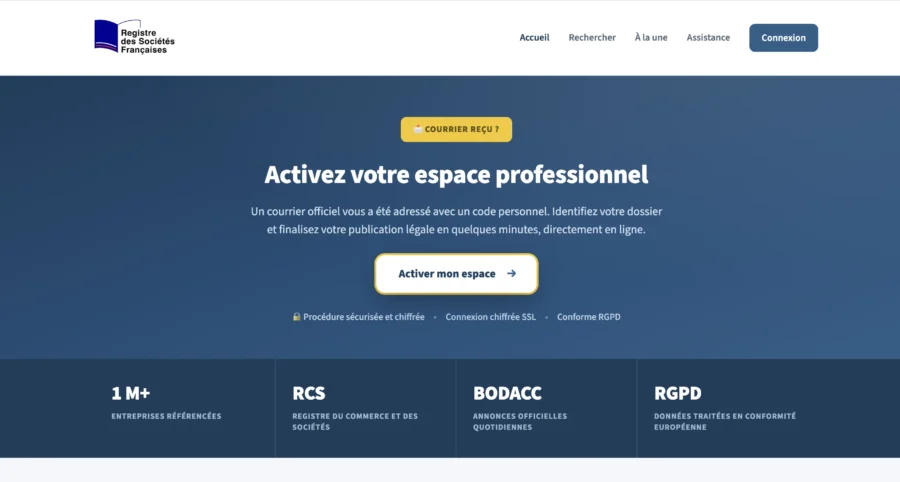 Page web affichant le titre « Activez votre espace professionnel » et des mentions RCS et RGPD.