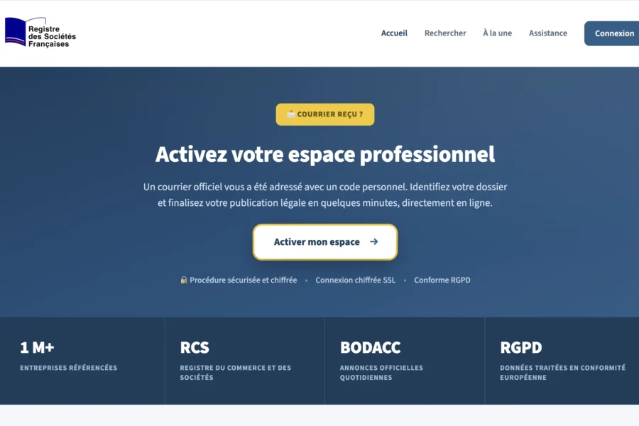 Page web affichant le titre « Activez votre espace professionnel » et des mentions RCS et RGPD.