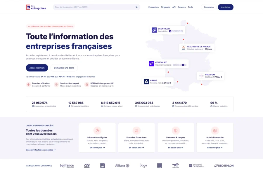Page web du service Signatures affichant la mention Toute l'information des entreprises françaises, des statistiques chiffrées et une carte de la France.