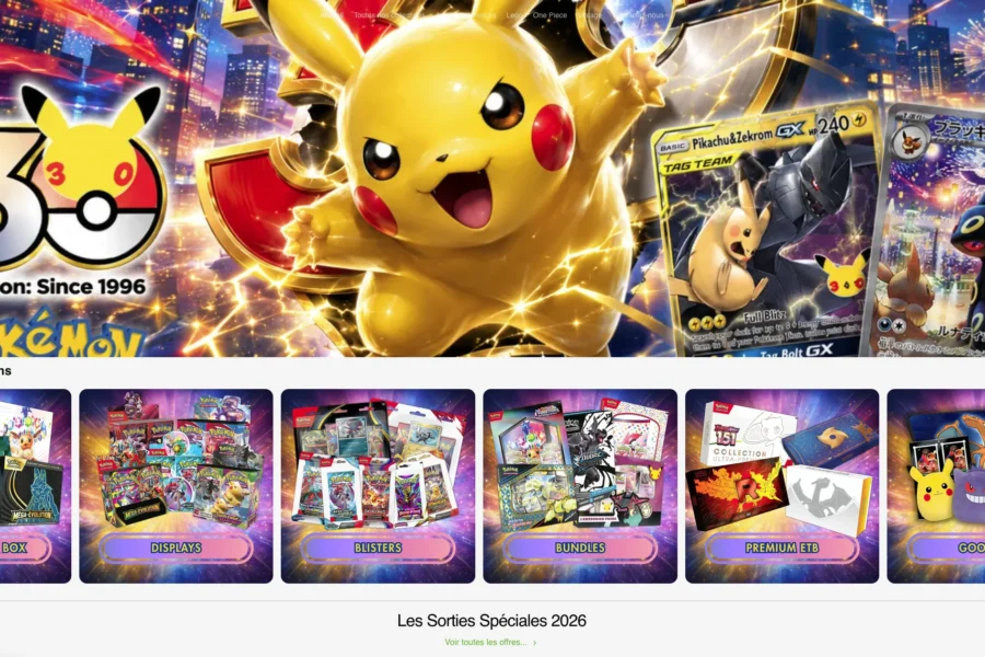 Page d'accueil Pokémon présentant le logo du trentième anniversaire, Pikachu et des coffrets de cartes à collectionner.