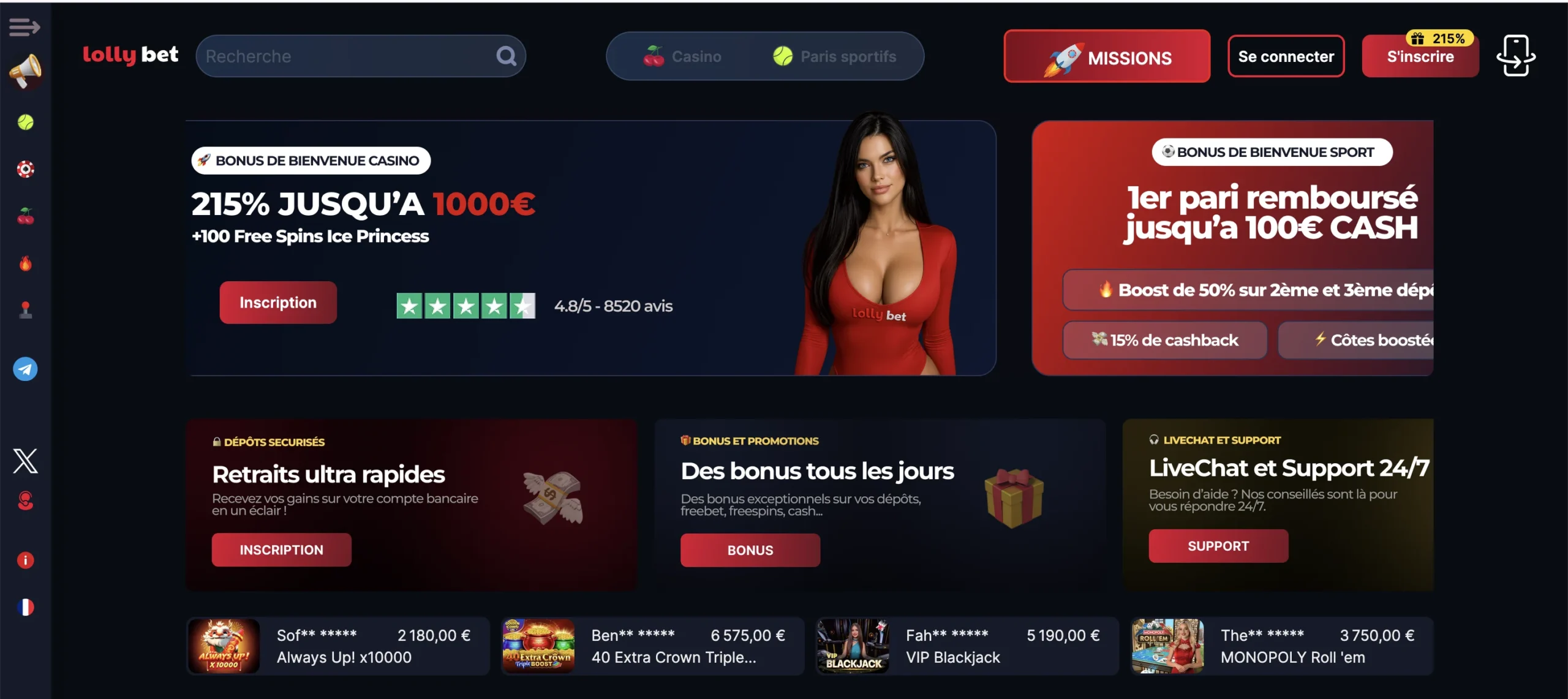 Capture d'écran du site web Lucky Beef affichant des offres promotionnelles et bonus.