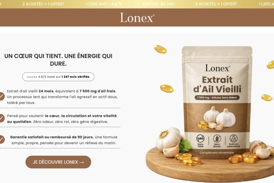 Page publicitaire du marque Lonex affichant un sachet d'Extrait d'Ail Vieilli et une liste de bénéfices santé.